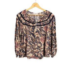 Evereve Floral Peasant Blouse XS Rayon Boho Top Henley Long Sleeve
